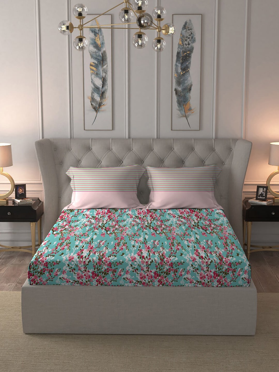 MYTRIDENT Turquoise Blue Pink Floral Pure Cotton 144 TC Queen Bedsheet 2 Pillow Covers | Grocsy