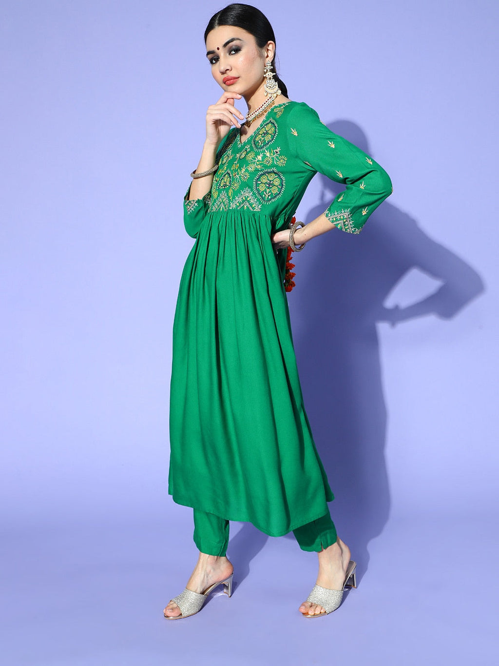 Sangria Women Green Yoke Design Empire Kurta with Trousers | Grocsy
