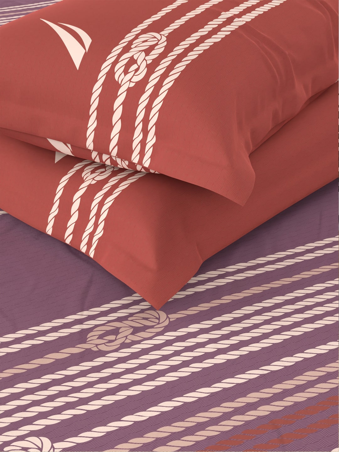 Nautica Purple & Orange Striped Cotton 160 TC King Bedsheet With 2 Pillow Covers | Grocsy