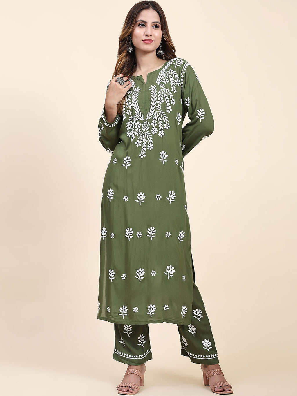 HOUSE OF KARI Floral Embroidered Thread Work Pure Cotton Kurta with Trousers | Grocsy
