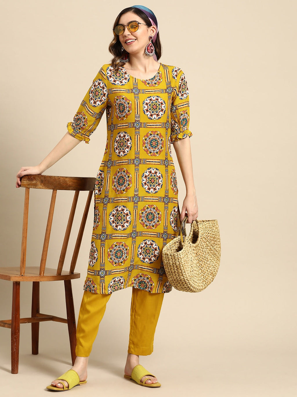 Sangria Women Ethnic Motifs Printed Kurta with Trousers | Grocsy