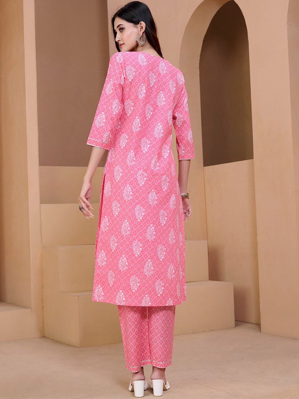 Sangria Pink & White Ethnic Motifs Printed Pure Cotton Kurta With Trousers & Dupatta | Grocsy