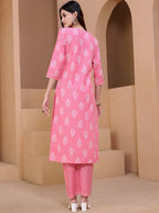 Sangria Pink & White Ethnic Motifs Printed Pure Cotton Kurta With Trousers & Dupatta | Grocsy