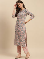 Sangria Peach & Blue Floral-Printed Pure-Cotton Straight Kurta With Trouser & Dupatta | Grocsy