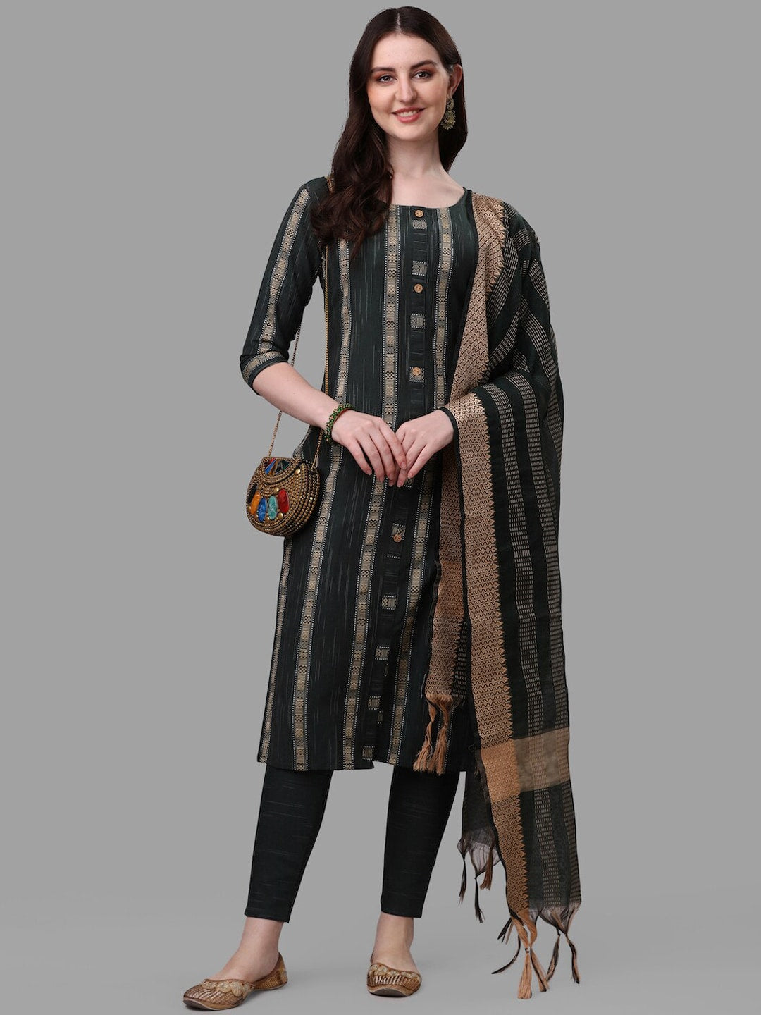 HERE&NOW Green Striped Pure Cotton Kurta With Trousers & Dupatta | Grocsy