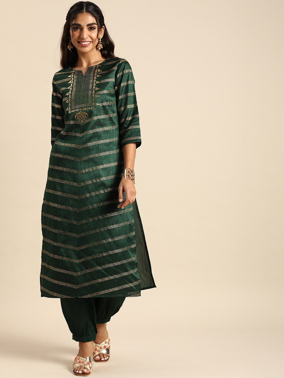 Sangria Women Green & Gold- Toned Ethnic Motifs Printed Kurta with Salwar | Grocsy