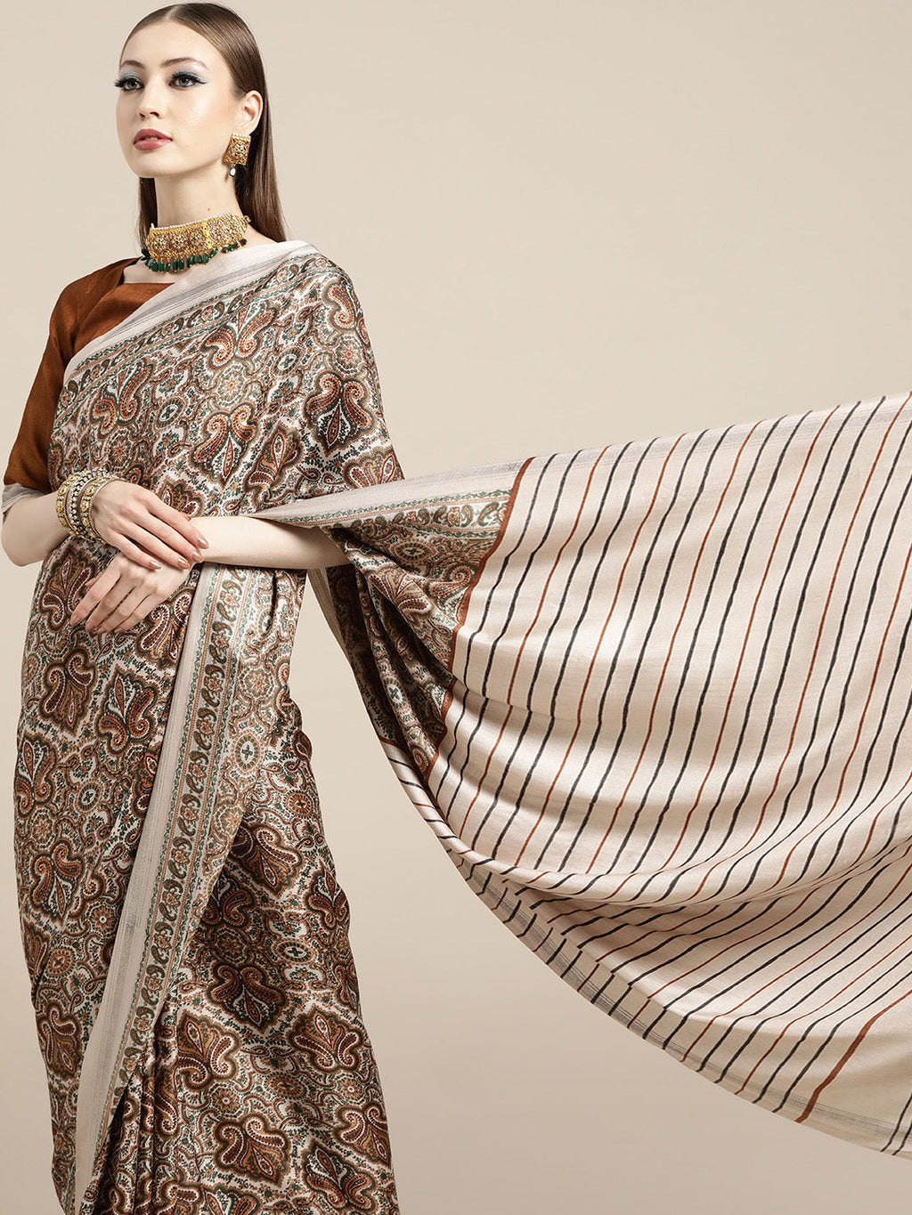Saree Mall Cream-Coloured & Brown Paisley Printed Pashmina Silk Bagru Saree | Grocsy