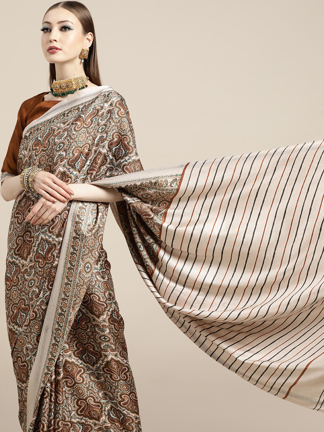 Saree Mall Cream-Coloured & Brown Paisley Printed Pashmina Silk Bagru Saree | Grocsy