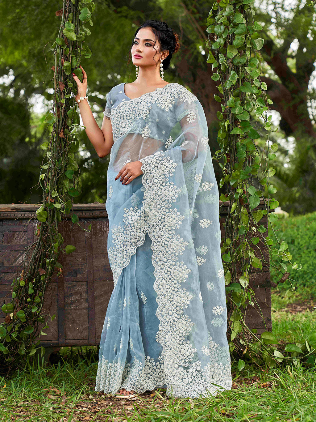 Tikhi Imli Ethnic Motifs Beads and Stones Organza Heavy Work Saree | Grocsy