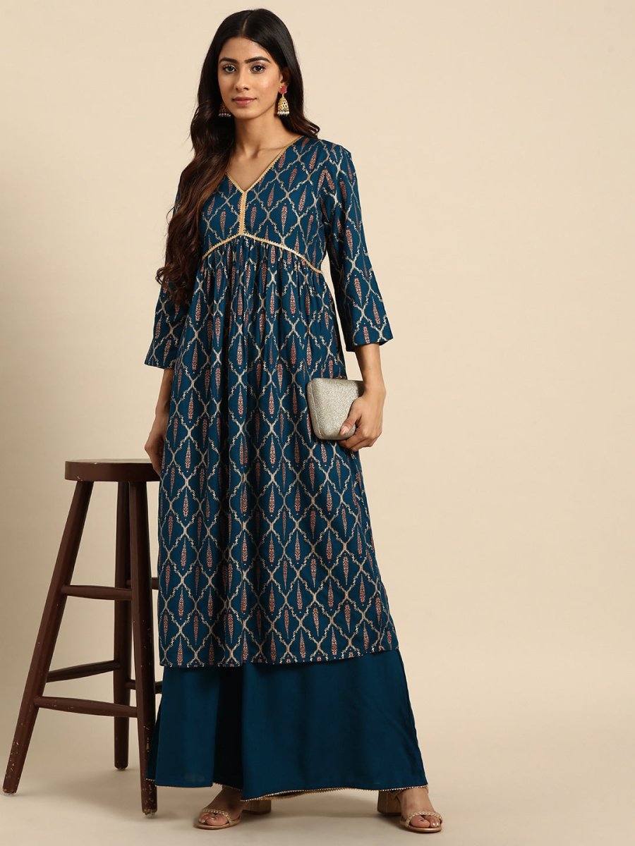 All About You Ethnic Motifs Foil Print Gotta Patti Detail Kurta with Palazzos | Grocsy