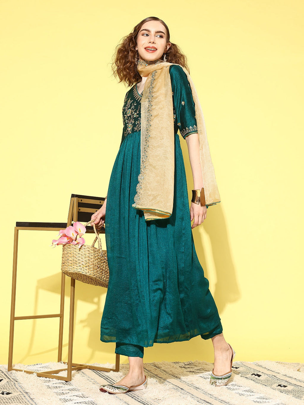 Sangria Women Floral Embroidered Angrakha Kurta with Trousers & With Dupatta | Grocsy