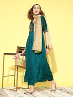 Sangria Women Floral Embroidered Angrakha Kurta with Trousers & With Dupatta | Grocsy