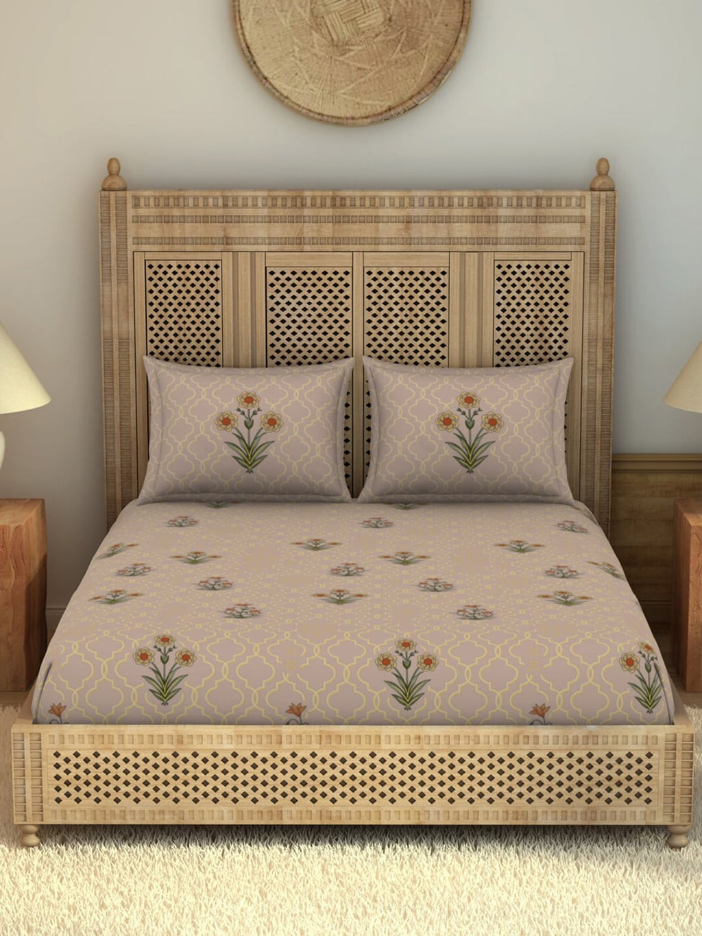 SPACES Pink & Green Ethnic Motifs Cotton 210 TC King Bedsheet With 2 Pillow Covers | Grocsy