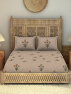 SPACES Pink & Green Ethnic Motifs Cotton 210 TC King Bedsheet With 2 Pillow Covers | Grocsy