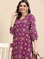 Sangria Ethnic Motifs Printed V-neck Puff Sleeves Kurta | Grocsy