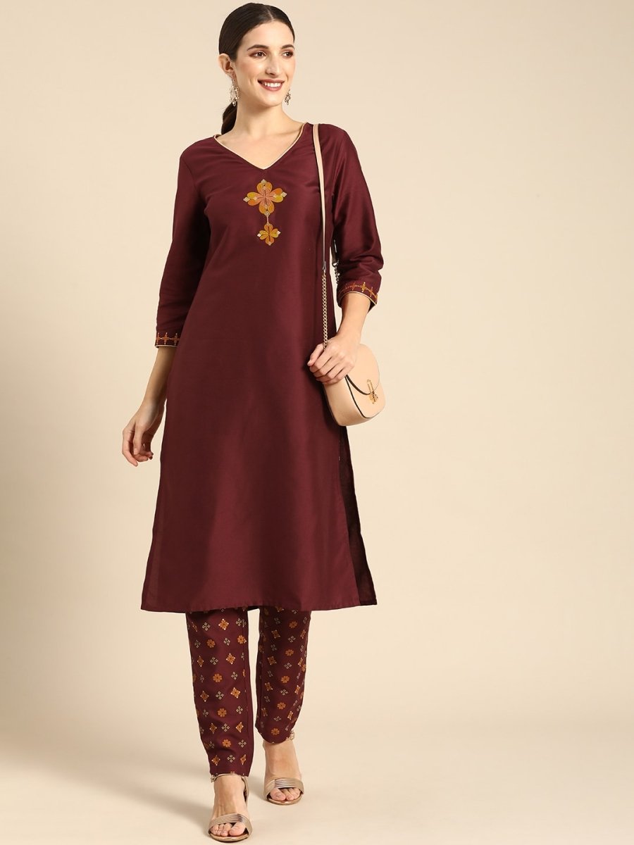 All About You Women Maroon Floral Yoke Design Regular Kurta with Trousers | Grocsy