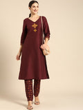 All About You Women Maroon Floral Yoke Design Regular Kurta with Trousers | Grocsy
