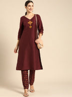 All About You Women Maroon Floral Yoke Design Regular Kurta with Trousers | Grocsy