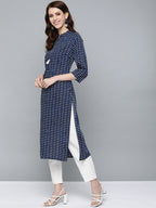 HERE&NOW Women Navy Blue & White Bandhani Print Straight Kurta | Grocsy