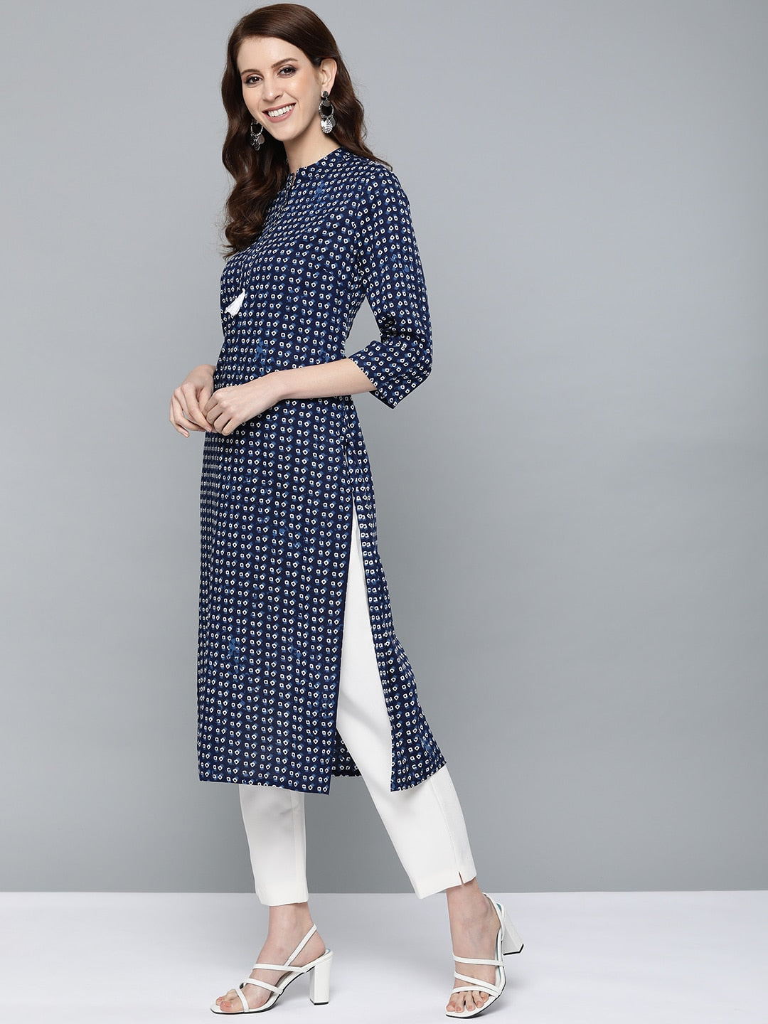 HERE&NOW Women Navy Blue & White Bandhani Print Straight Kurta | Grocsy