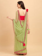 Sangria Green & Red Embroidered Net Saree | Grocsy