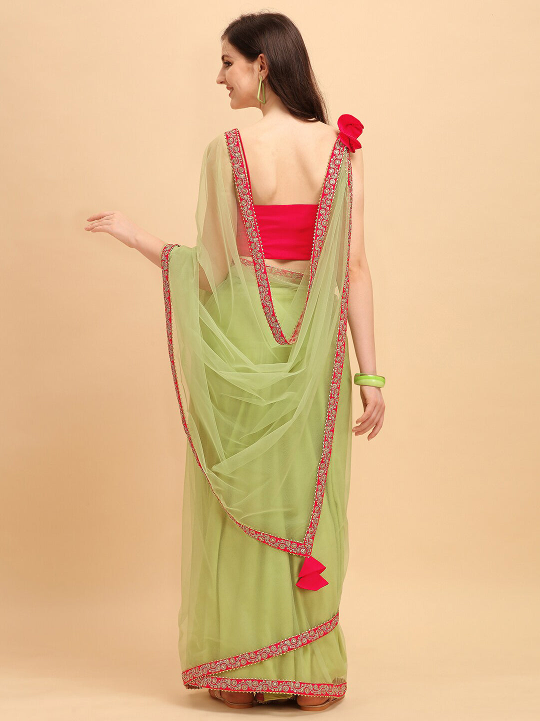 Sangria Green & Red Embroidered Net Saree | Grocsy