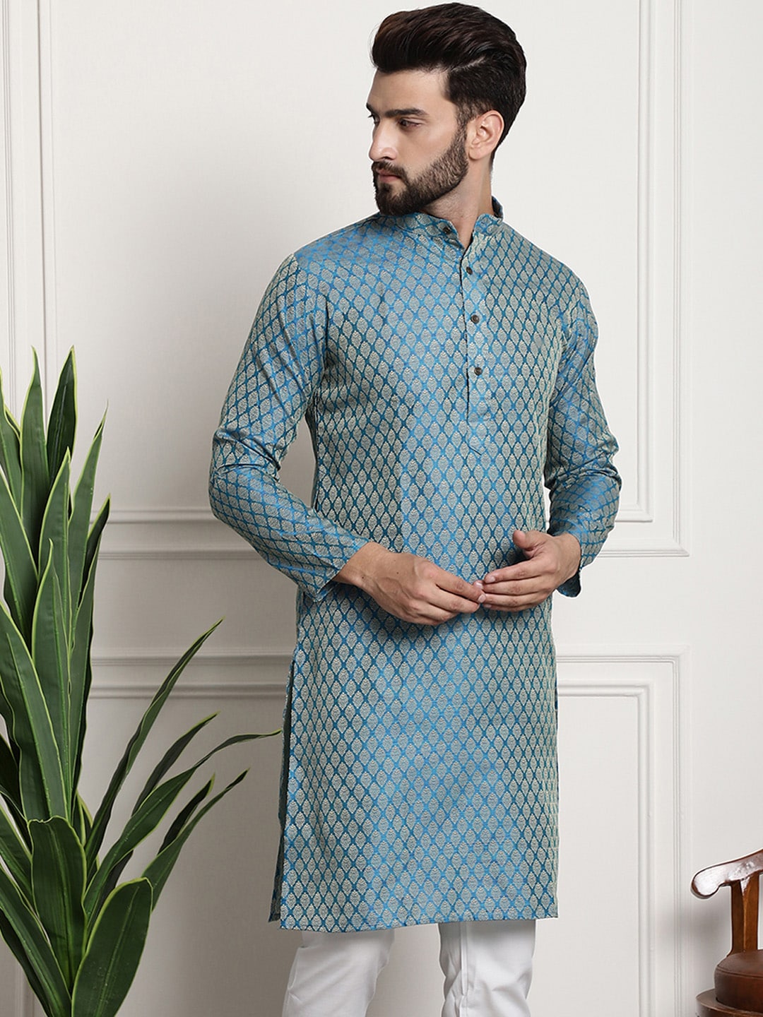 Sojanya Men Blue & Beige Ethnic Motif Printed Jacquard Silk Kurta | Grocsy