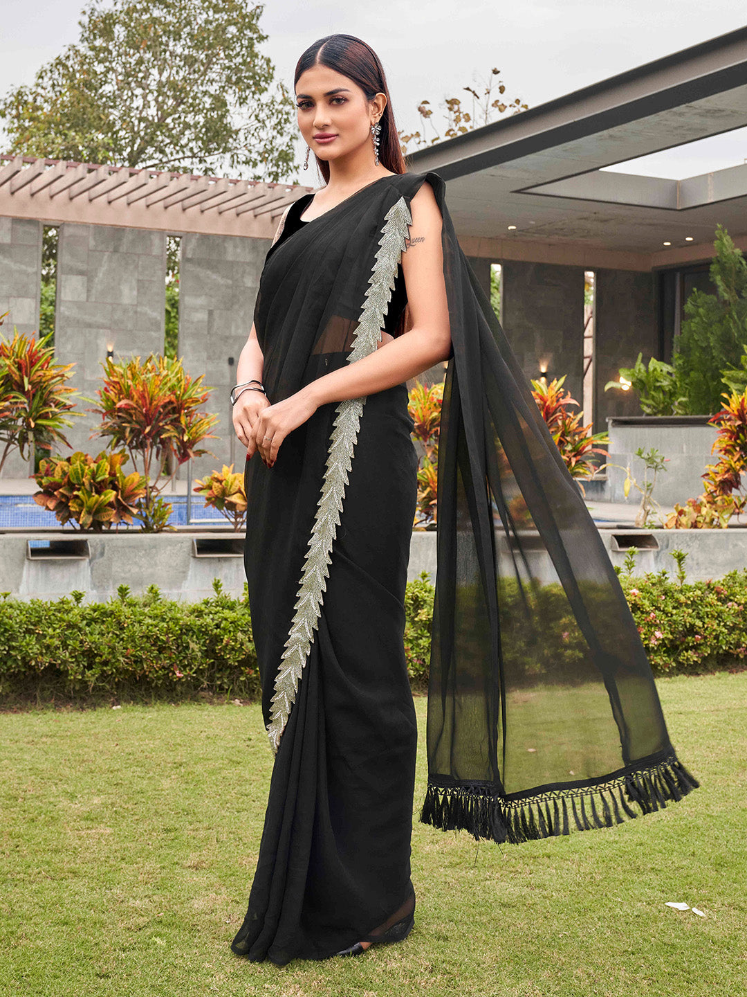 Tikhi Imli Black Beads and Stones Saree | Grocsy