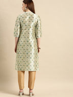All About You Women Sea Green Floral Block Print Mandarin Collar Chanderi Silk Blend Kurta | Grocsy