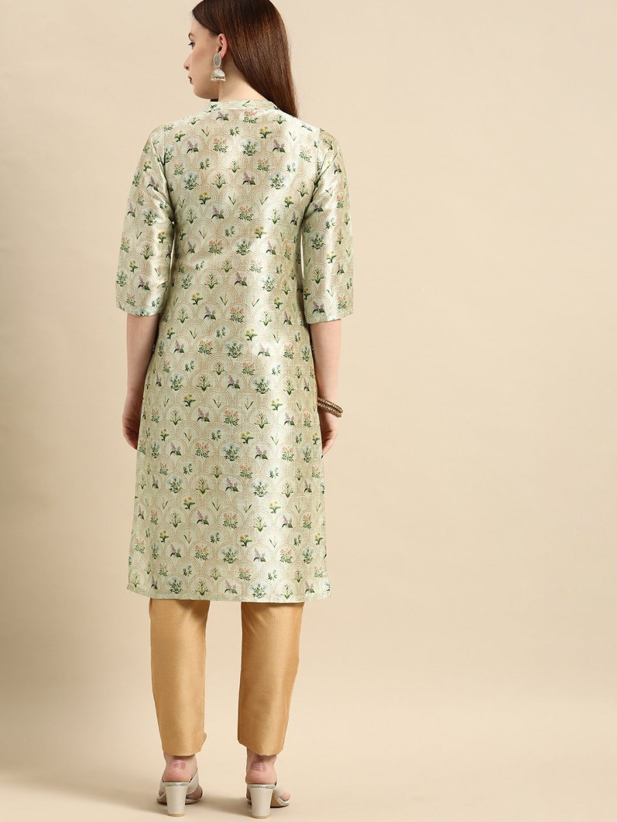 All About You Women Sea Green Floral Block Print Mandarin Collar Chanderi Silk Blend Kurta | Grocsy