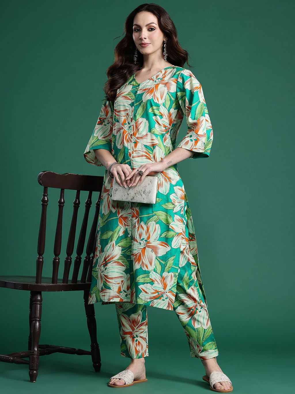 Indo Era Women Floral Printed Regular Pure Cotton Kurta with Trousers | Grocsy