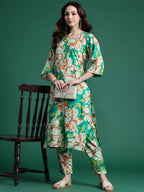 Indo Era Women Floral Printed Regular Pure Cotton Kurta with Trousers | Grocsy