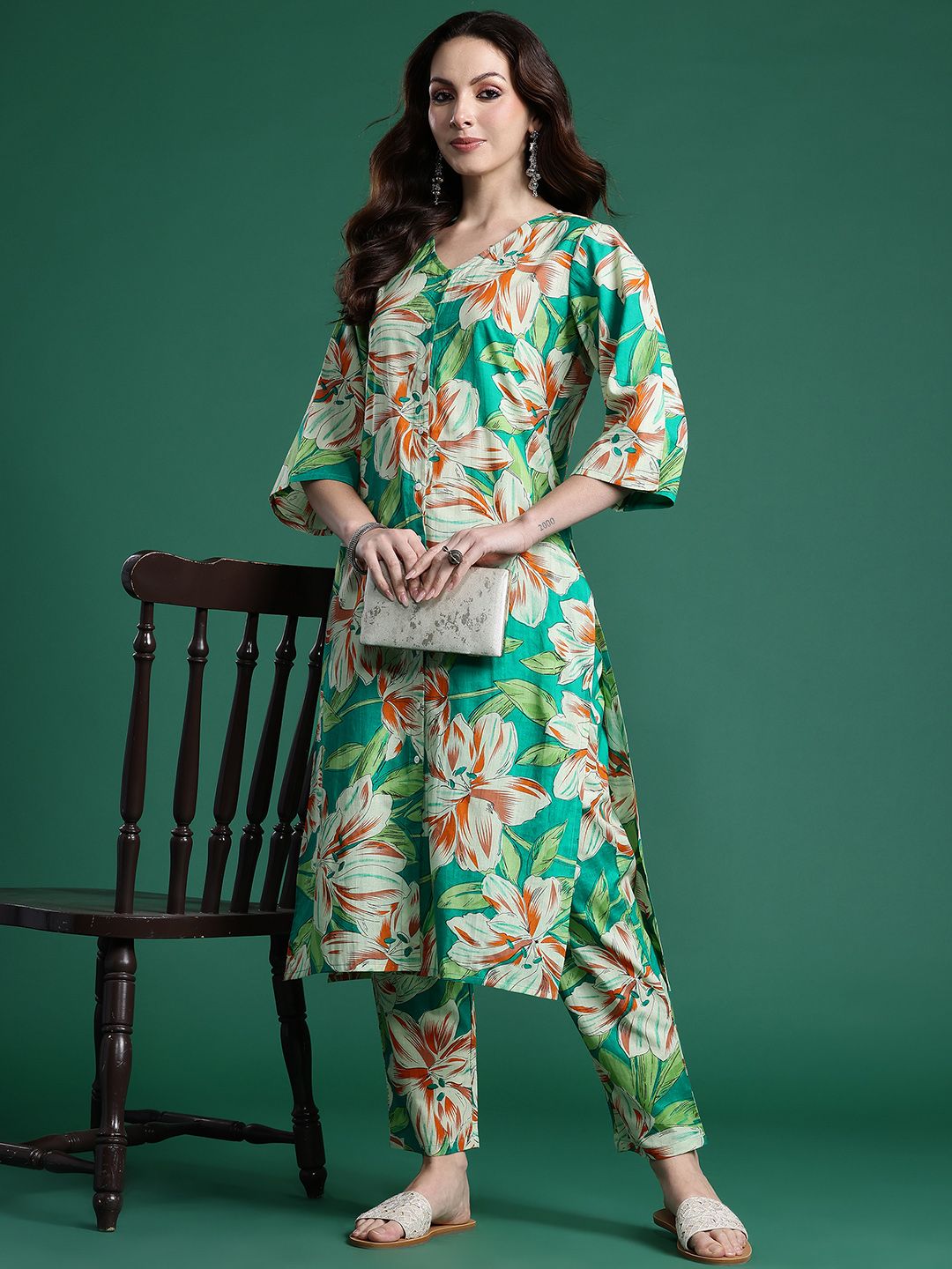Indo Era Women Floral Printed Regular Pure Cotton Kurta with Trousers | Grocsy