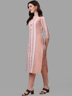 HERE&NOW Peach & White Striped Pure Cotton Kurta With Trousers & Dupatta | Grocsy