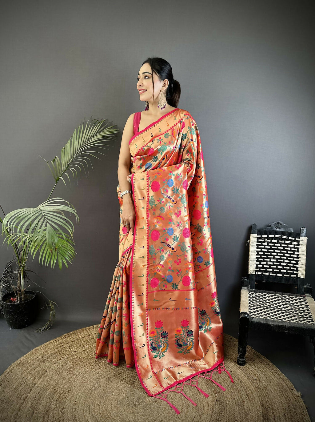 Joban Fashion Pastel Red Mughal-Inspired Motifs Soft Silk Paithani Saree | Grocsy