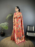 Joban Fashion Pastel Red Mughal-Inspired Motifs Soft Silk Paithani Saree | Grocsy