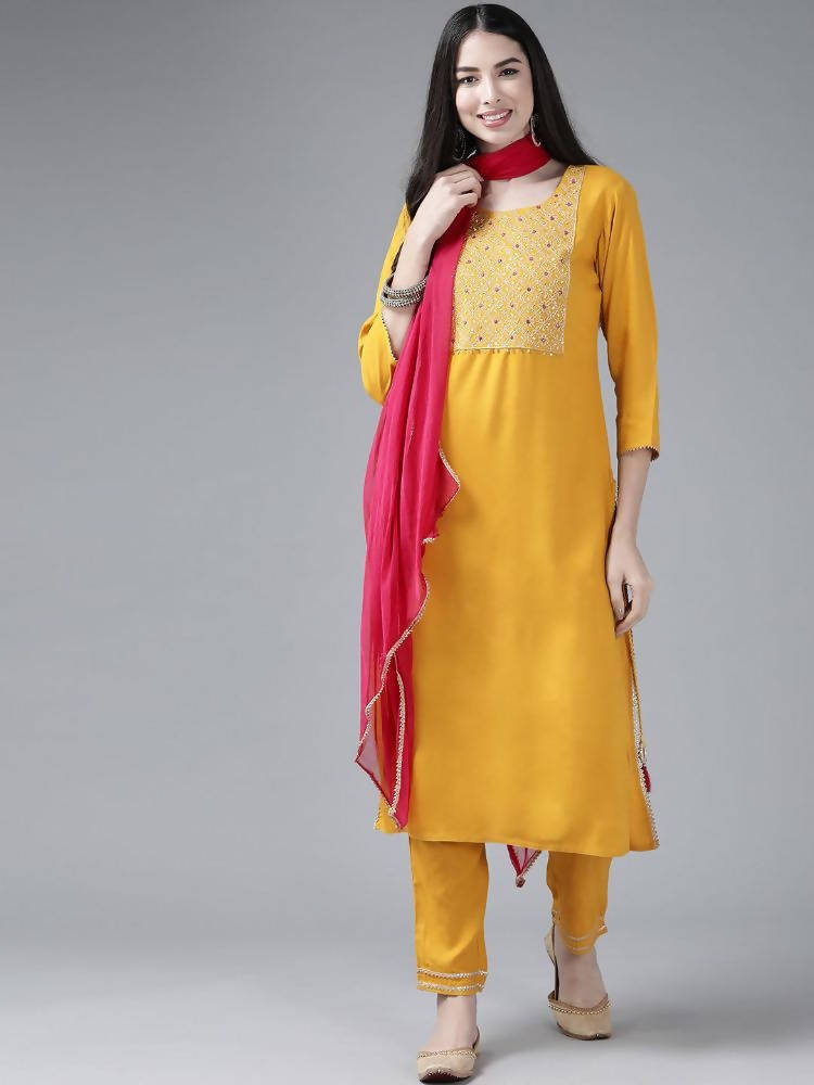 Yufta Women's Mustard Rayon Kurti With Pant Dupatta Set | Grocsy