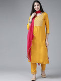 Yufta Women's Mustard Rayon Kurti With Pant Dupatta Set | Grocsy