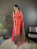 Joban Fashion Pink Checked & Circular Motifs Soft Silk Banarasi Saree | Grocsy