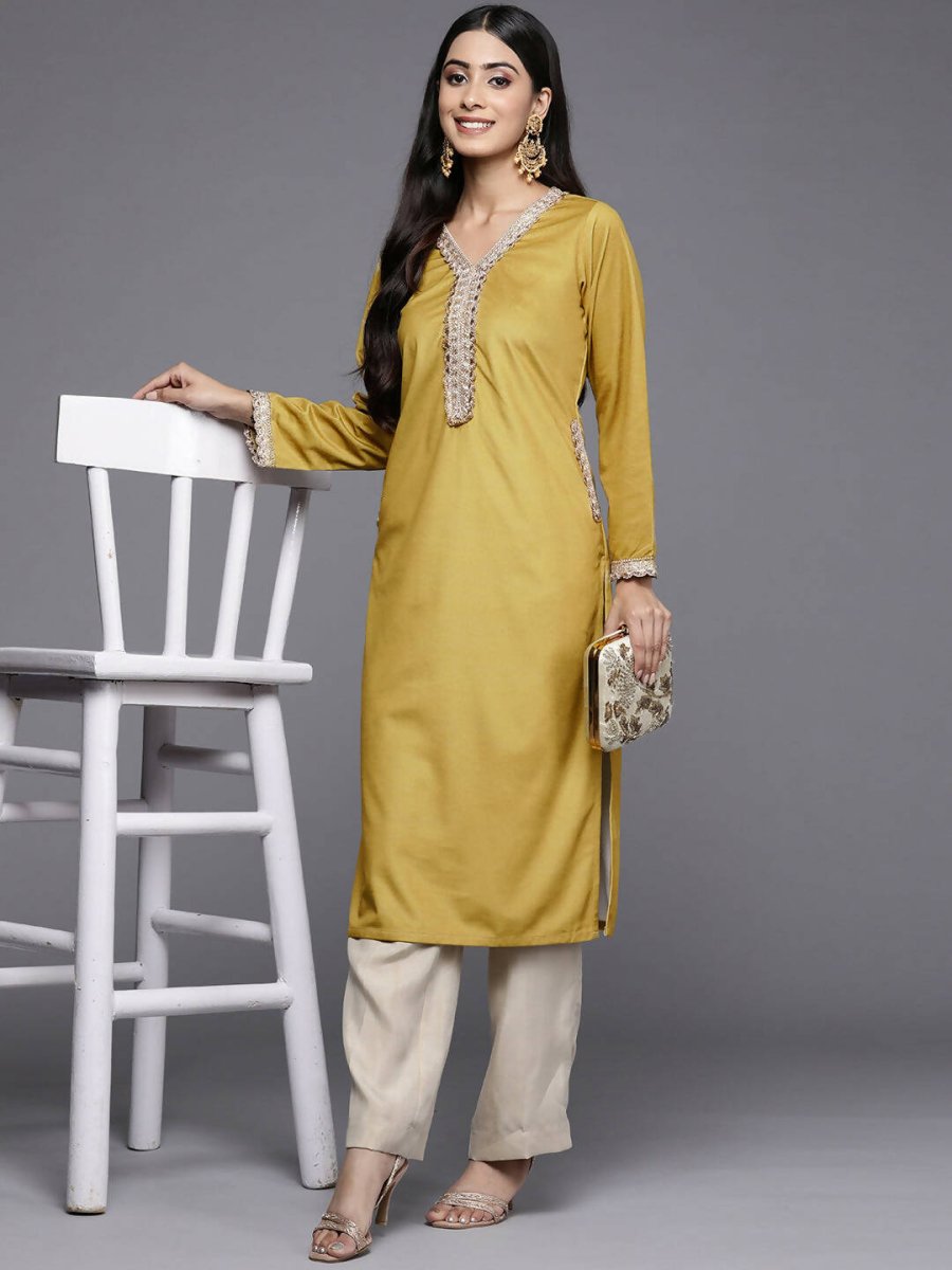 Ahalyaa Women Mustard Yellow & Golden Ethnic Motifs Yoke Design Velvet Kurta | Grocsy
