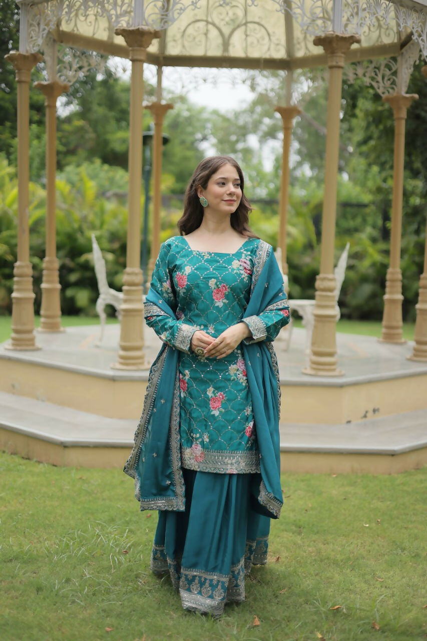 Vastranavya Premium Designer Printed With Sequins & Thread Embroidered work Kurti Palazzo & Dupatta - Firozi | Grocsy