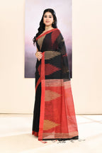 Piyari Fashion Women's Black Temple Border Embellished Cotton Blend Jamdani Saree | Grocsy