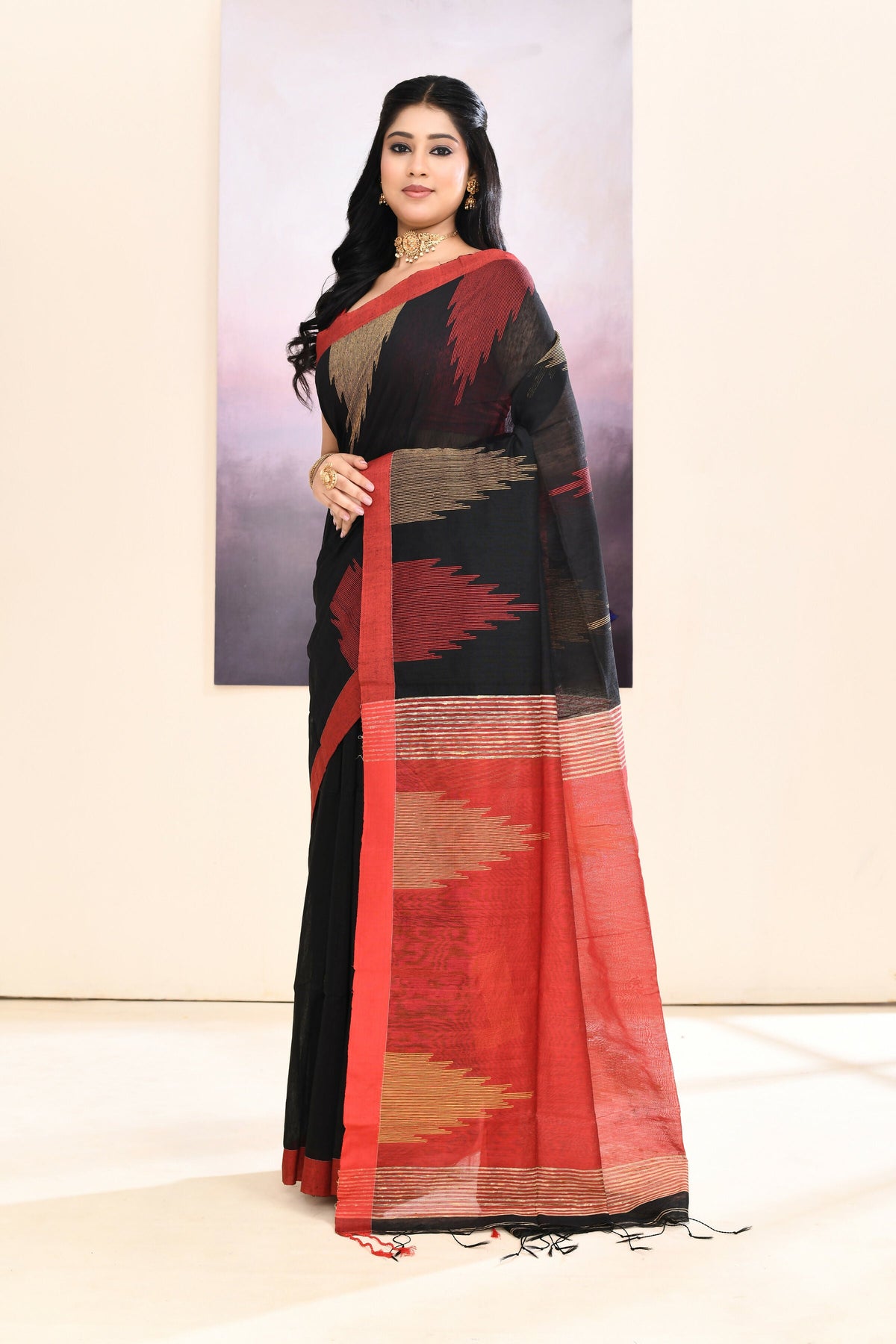 Piyari Fashion Women's Black Temple Border Embellished Cotton Blend Jamdani Saree | Grocsy