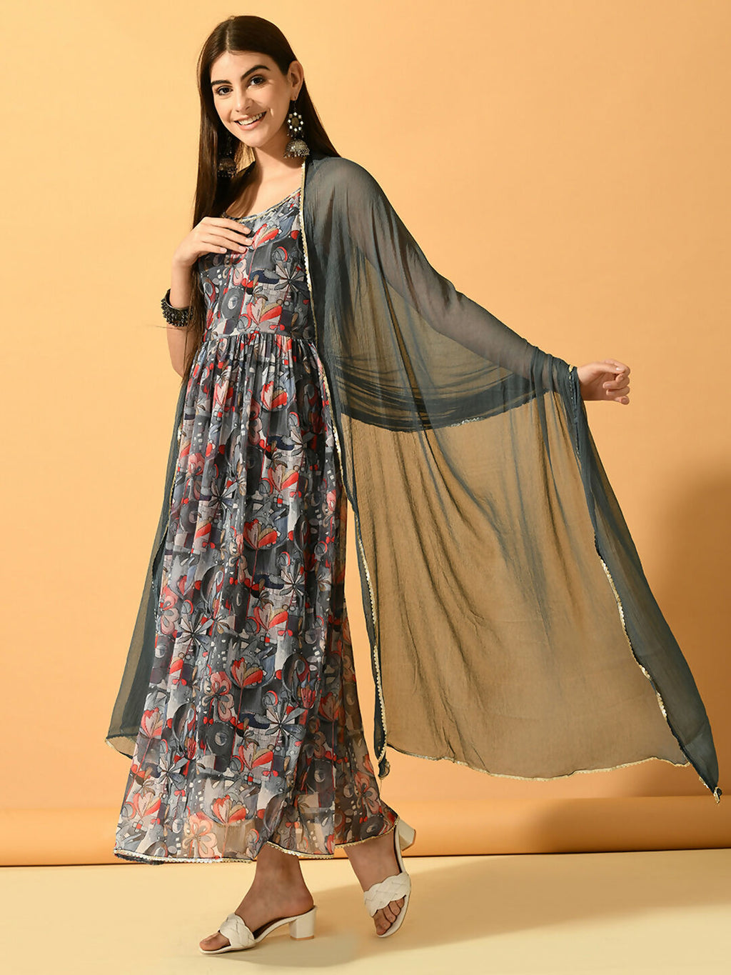 Myshka Women's Grey Festive Flared Anarkali Kurta With Dupatta sets | Grocsy