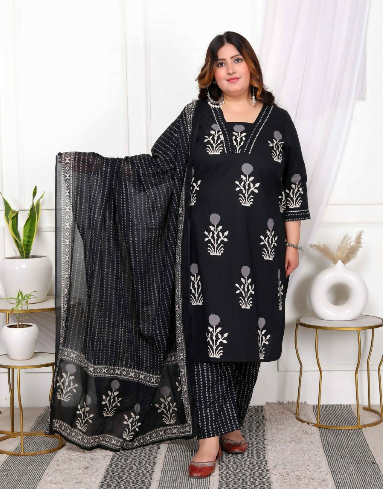 Miravan Women's Plus Size Cotton Gota Patti Black Floral Printed Straight Kurta Palazzo With Dupatta Set | Grocsy