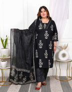 Miravan Women's Plus Size Cotton Gota Patti Black Floral Printed Straight Kurta Palazzo With Dupatta Set | Grocsy