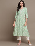 HERE&NOW Embroidered Ethnic Motif Printed Notched Neck A-Line Kurta | Grocsy