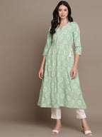 HERE&NOW Embroidered Ethnic Motif Printed Notched Neck A-Line Kurta | Grocsy