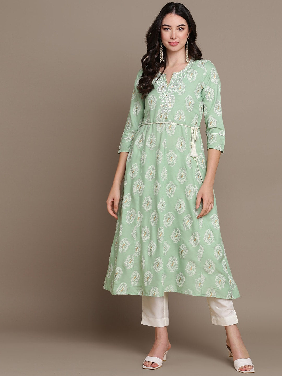 HERE&NOW Embroidered Ethnic Motif Printed Notched Neck A-Line Kurta | Grocsy