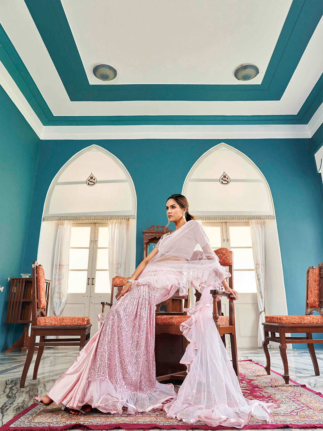 Tikhi Imli Floral Sequinned Satin Half and Half Saree | Grocsy